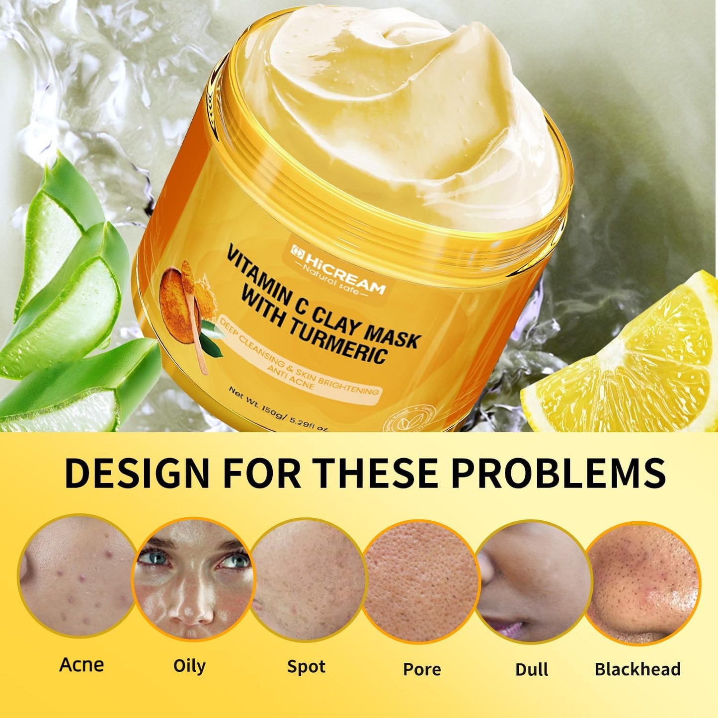 Hicream Turmeric Vitamin C Clay Mask with Kaolin Clay and Turmeric