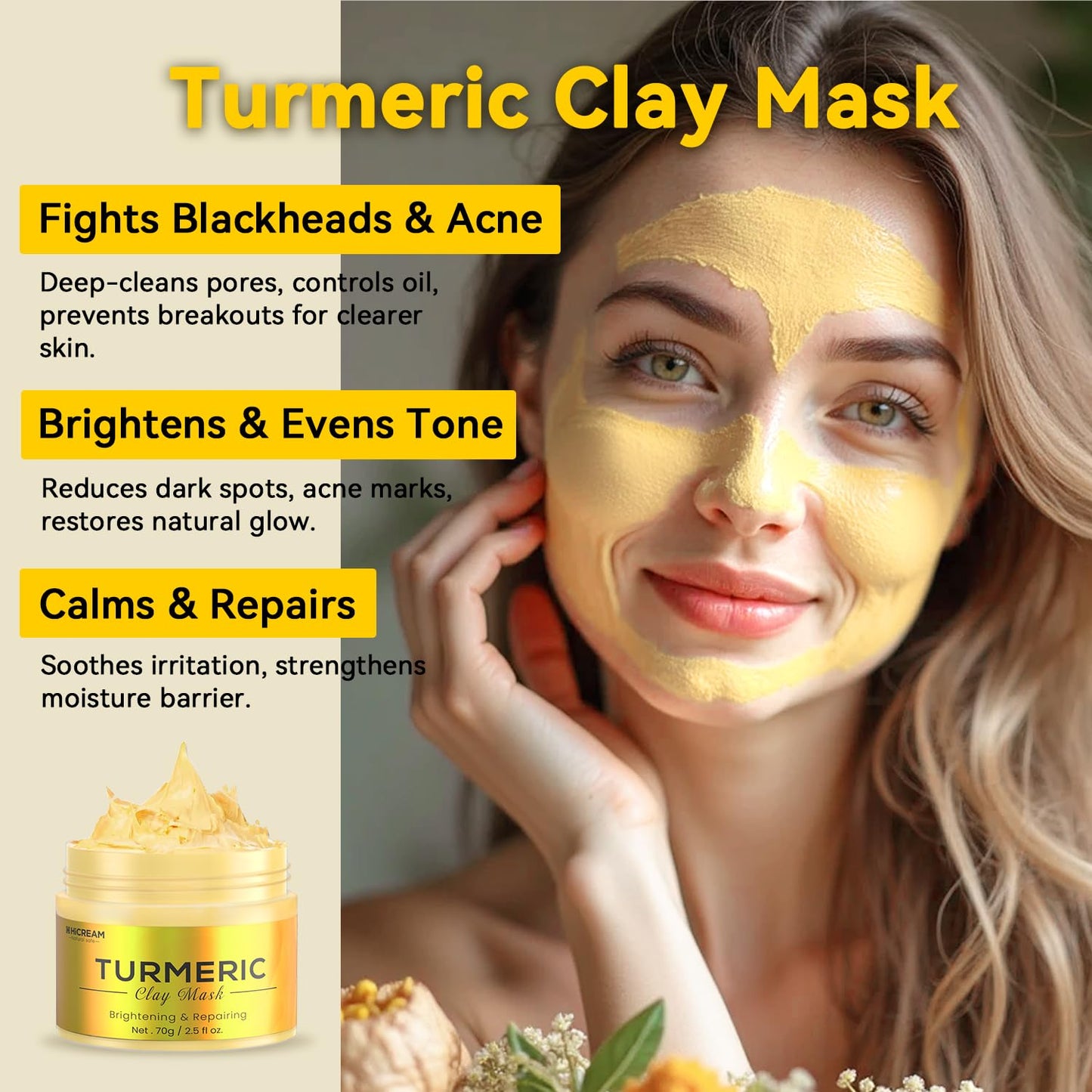 Hicream Turmeric Vitamin C Clay Mask with Kaolin Clay and Turmeric